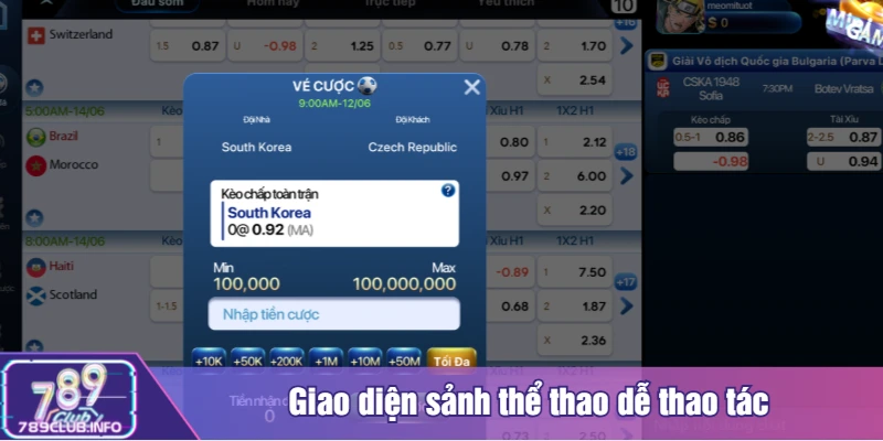 Giao diện sảnh thể thao dễ thao tác